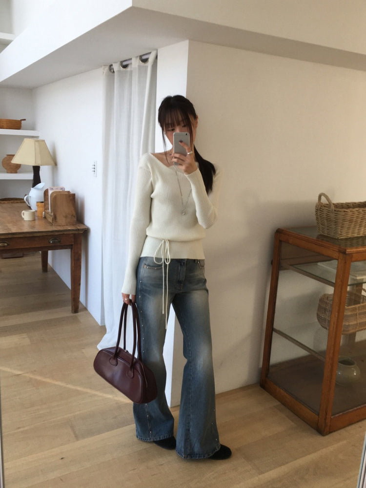 垂領綁帶修腰針織上衣