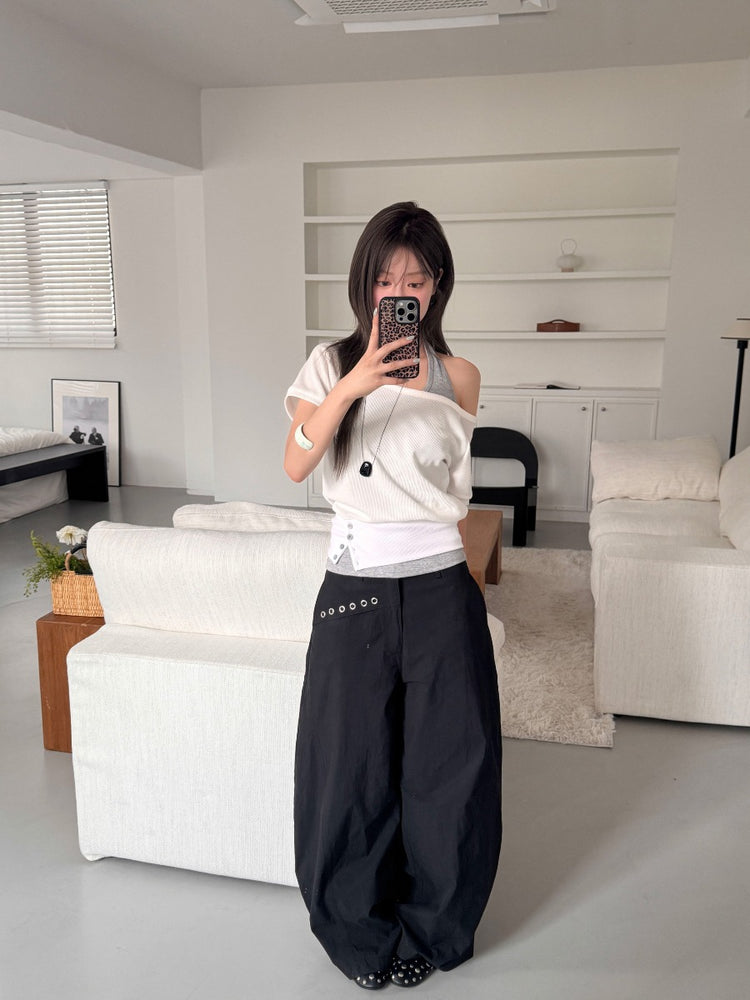 華夫格掛脖美肩兩件式上衣