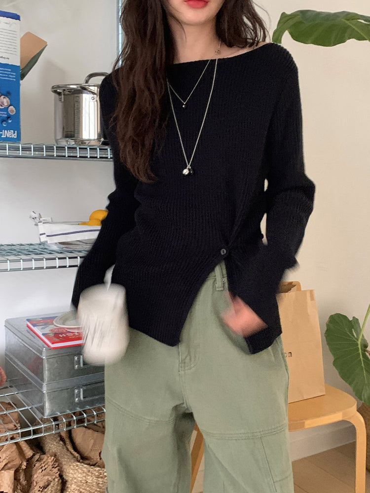 坑紋側開叉扣鈕細節針織上衣