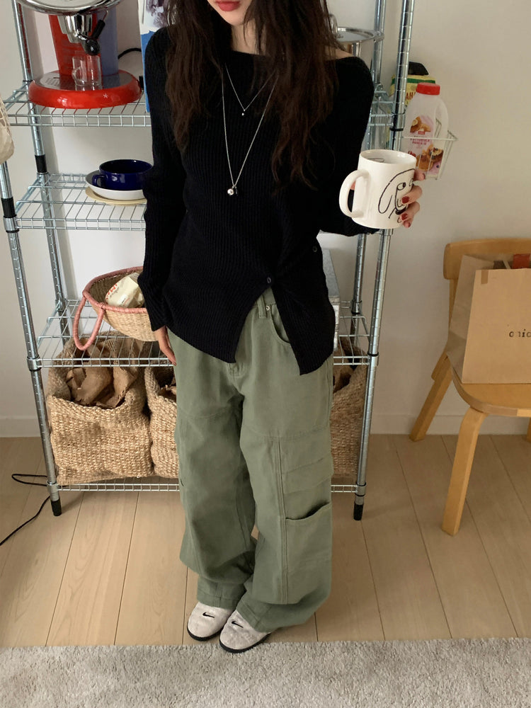 坑紋側開叉扣鈕細節針織上衣