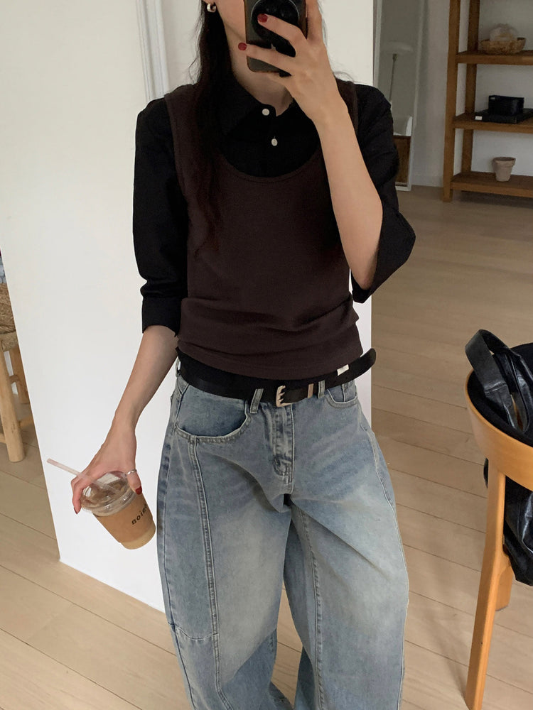 七分袖修腰層次襯衫