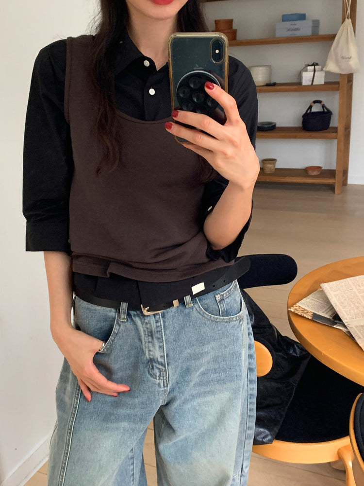 七分袖修腰層次襯衫