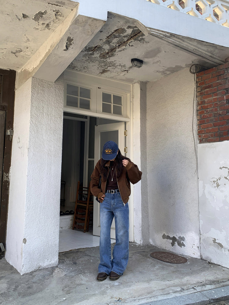 復古美刷色側前壓線細節牛仔褲