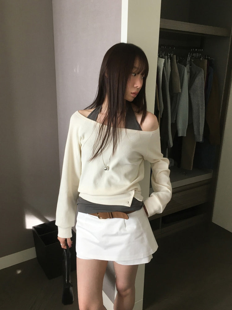 美肩撞色掛脖兩件式上衣