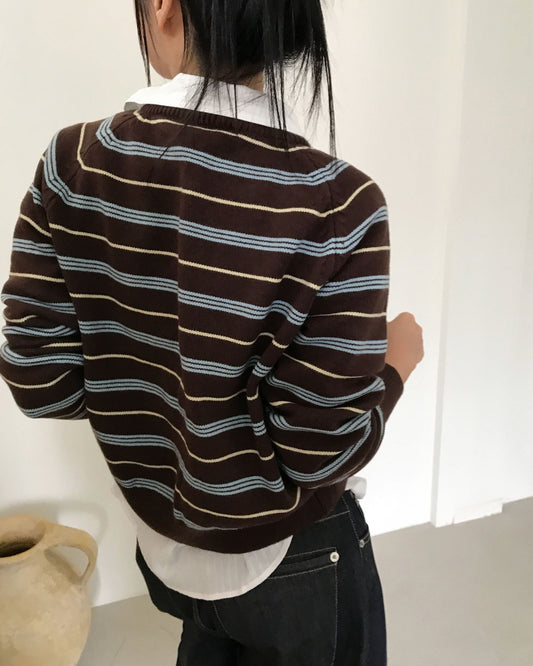 美色條紋排鈕針織外套