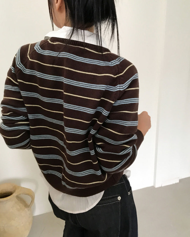 美色條紋排鈕針織外套