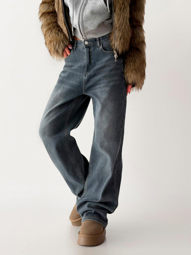 隱形橡筋腰頭直腿內刷毛牛仔褲