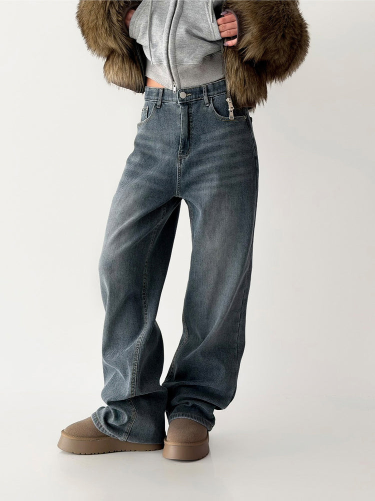 隱形橡筋腰頭直腿內刷毛牛仔褲