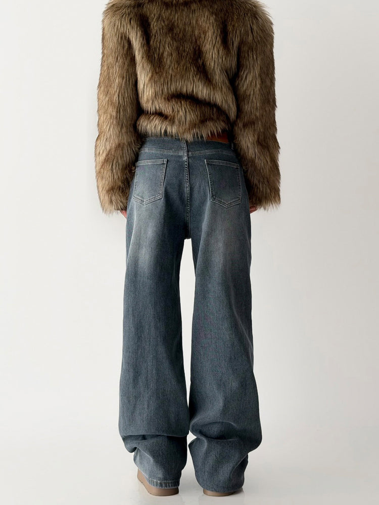 隱形橡筋腰頭直腿內刷毛牛仔褲