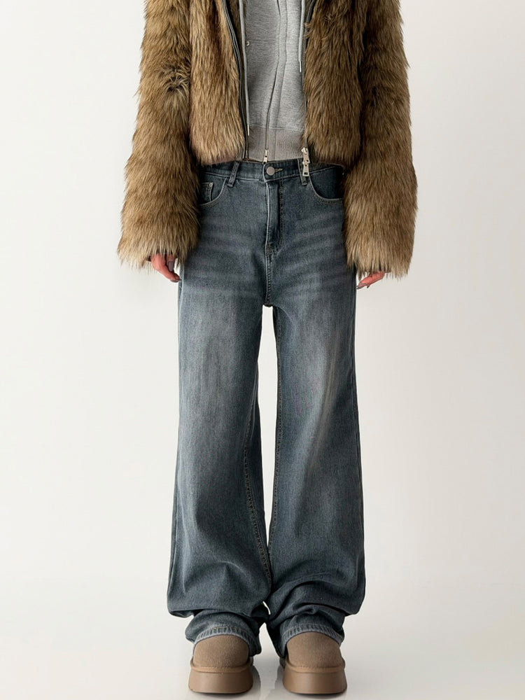 隱形橡筋腰頭直腿內刷毛牛仔褲