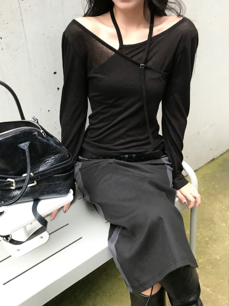 天絲微透膚不對稱垂帶設計上衣