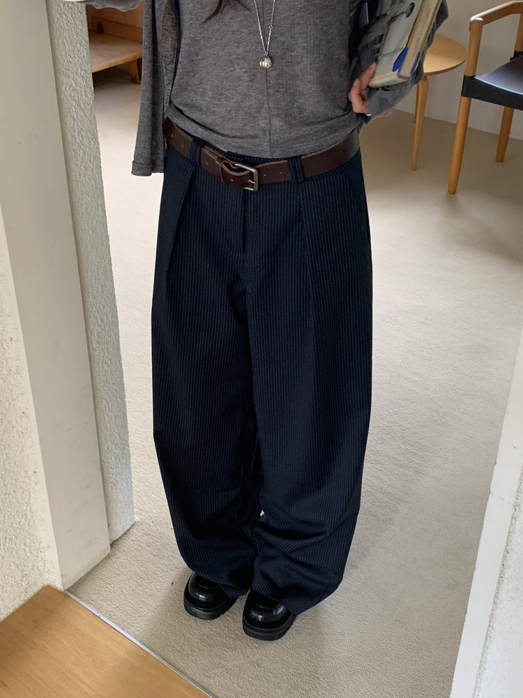 條紋內壓褶細節直褲