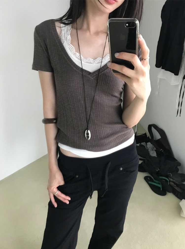 美背蕾絲U領修身上衣