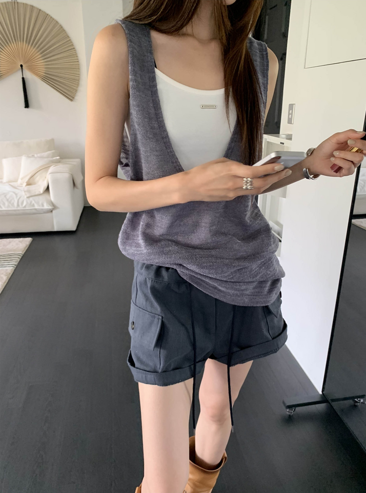 透膚紋理深V長上衣
