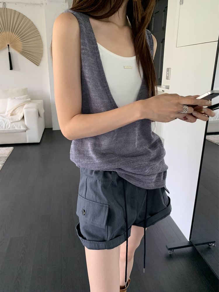 透膚紋理深V長上衣