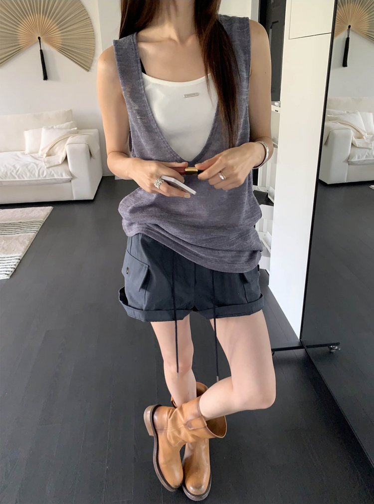透膚紋理深V長上衣