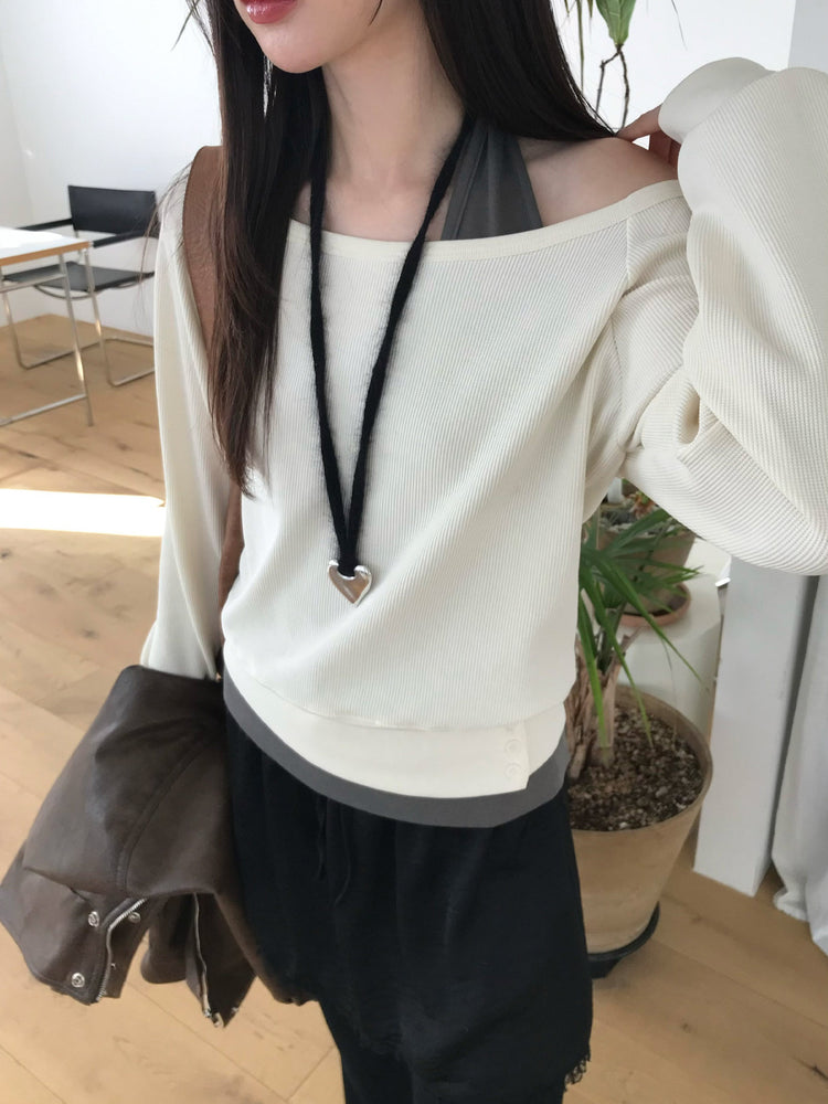 美肩撞色掛脖兩件式上衣