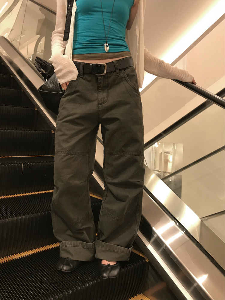復古壓線細節工裝直褲