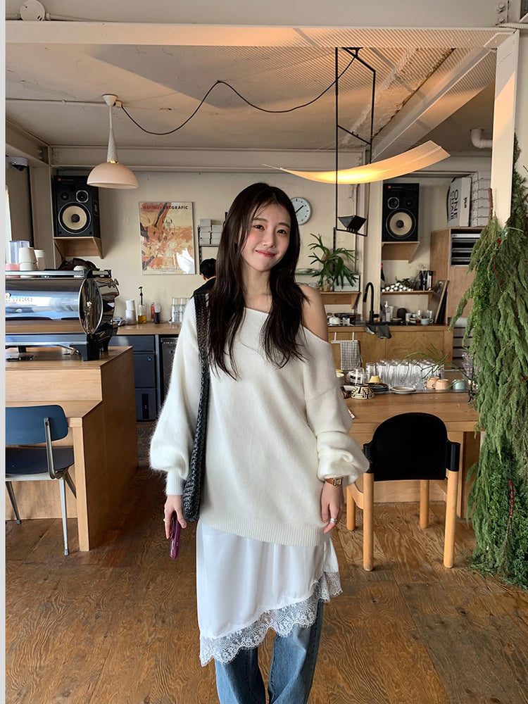 美色斜肩寬鬆束口毛衣