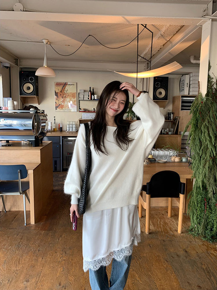 美色斜肩寬鬆束口毛衣