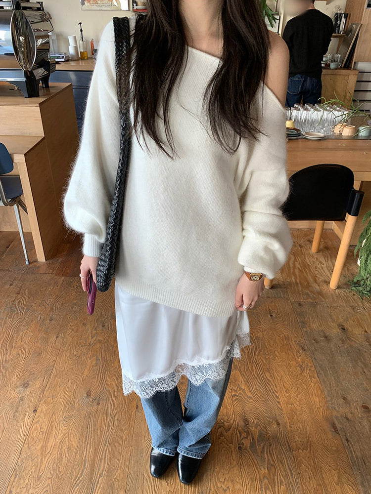 美色斜肩寬鬆束口毛衣