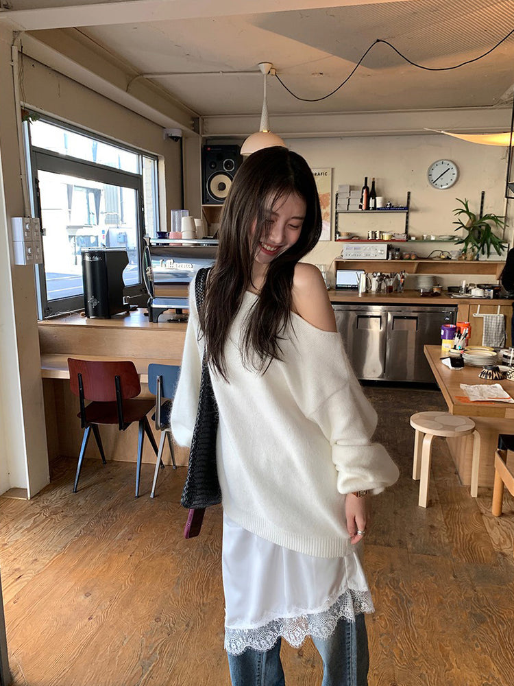 美色斜肩寬鬆束口毛衣