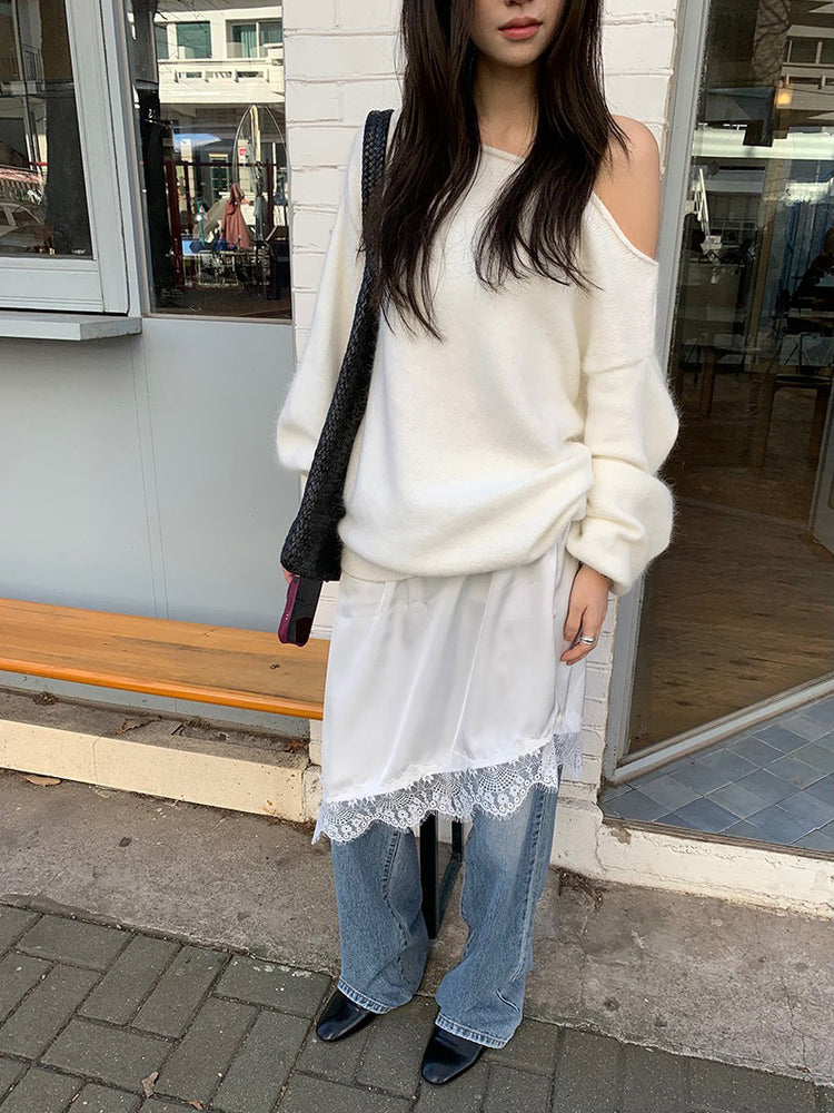 美色斜肩寬鬆束口毛衣