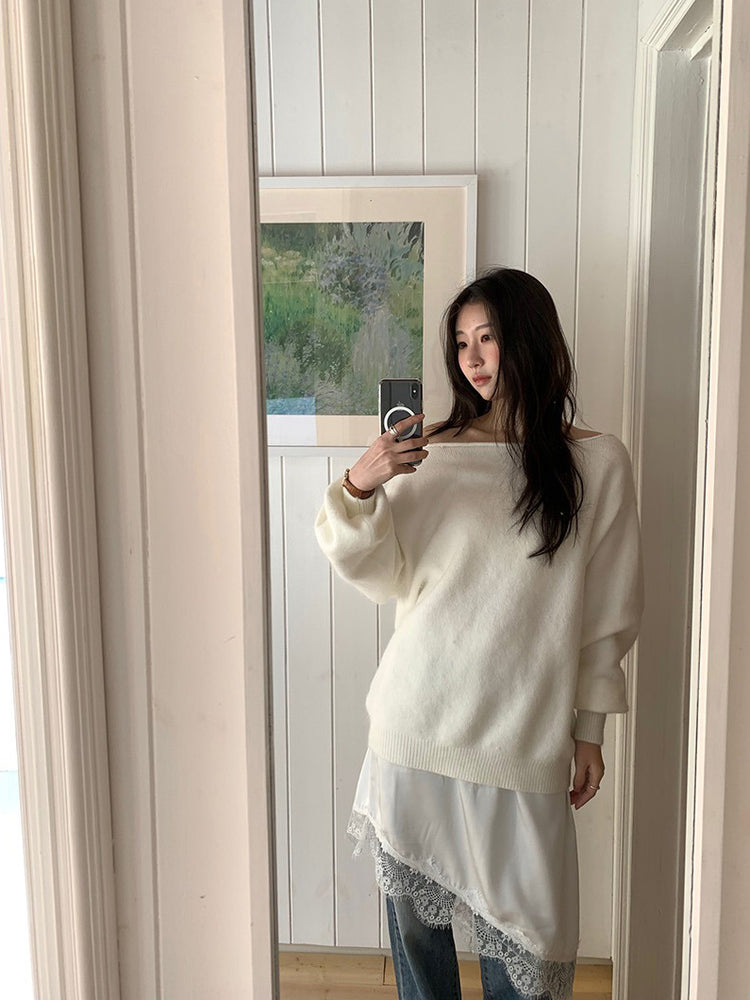美色斜肩寬鬆束口毛衣