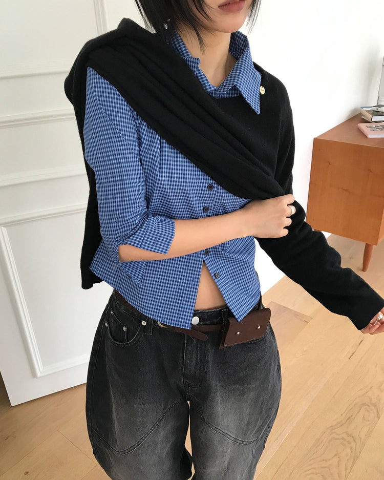 復古亮色格紋細節修腰襯衫