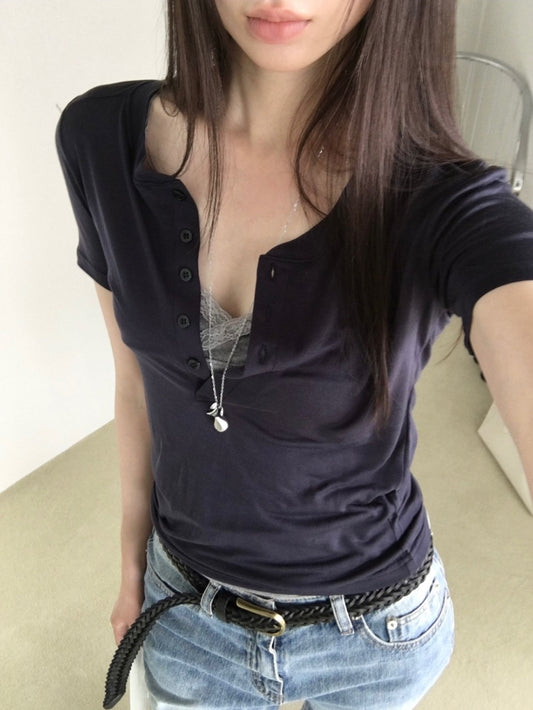 透膚亨利領修身上衣