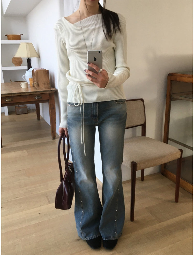 垂領綁帶修腰針織上衣