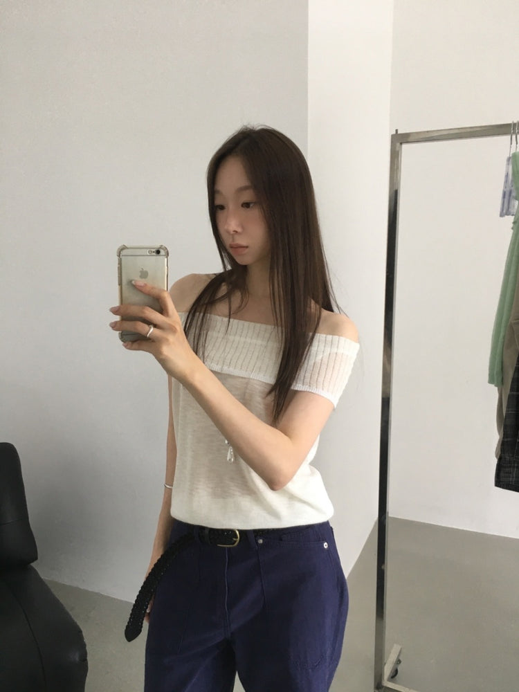 美肩坑紋反折針織上衣