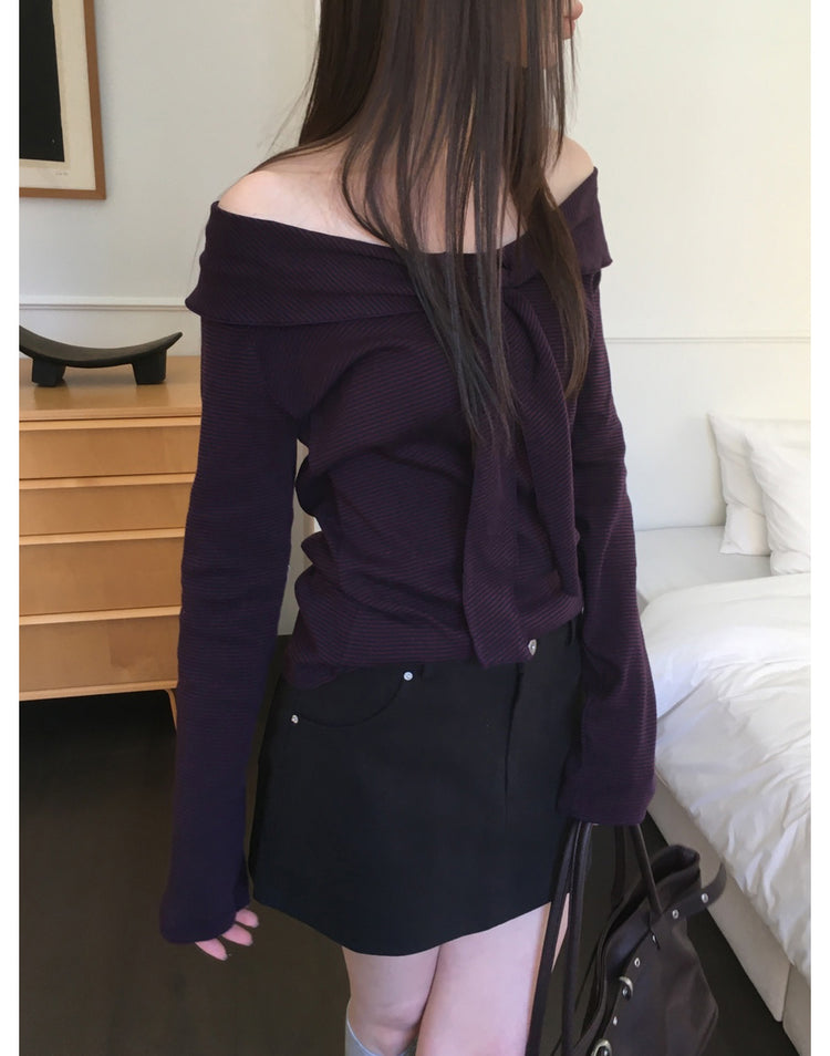 美肩垂帶領結條紋上衣