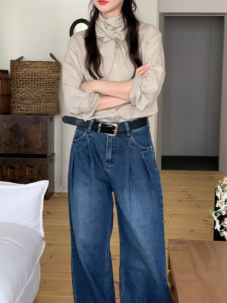 復古美色雙壓褶垂感闊褲(附皮帶)