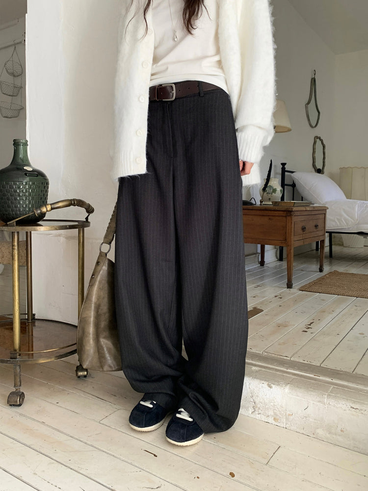 Fw ver.條紋側壓褶細節直褲