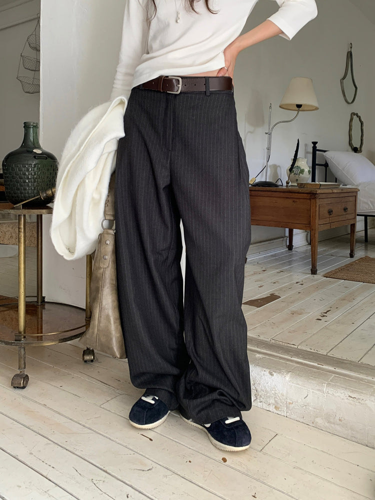 Fw ver.條紋側壓褶細節直褲