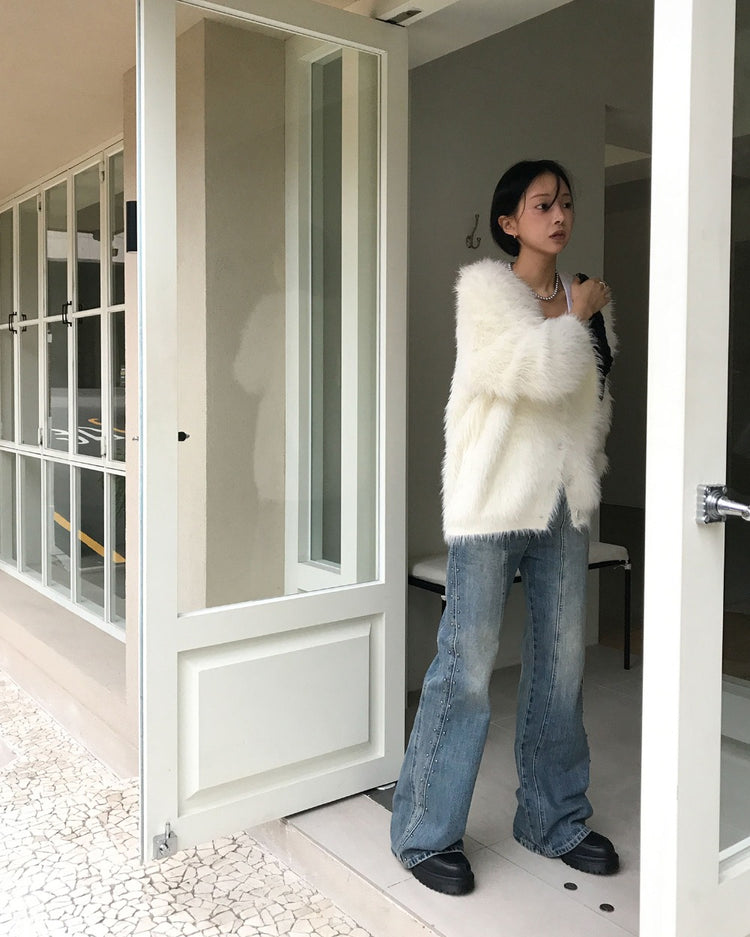 仿水貂毛質感排鈕寬鬆外套