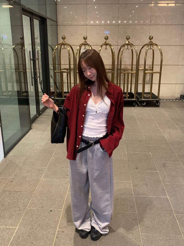 復古美色格紋寬鬆襯衫