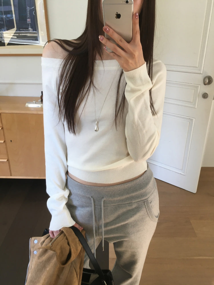 美色露肩修身針織上衣