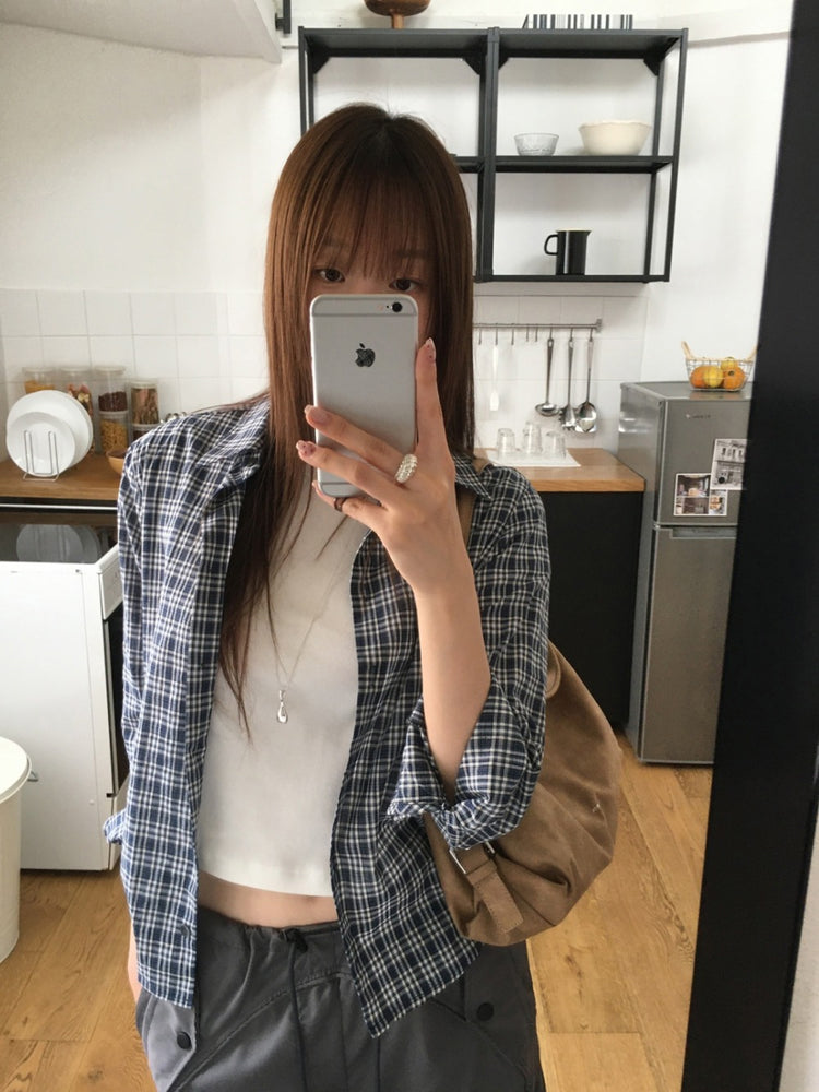撞色格紋合身襯衫