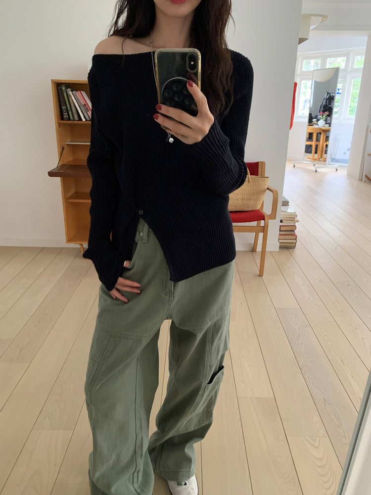 坑紋側開叉扣鈕細節針織上衣