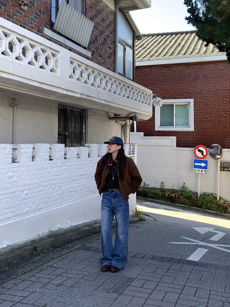 復古美刷色側前壓線細節牛仔褲