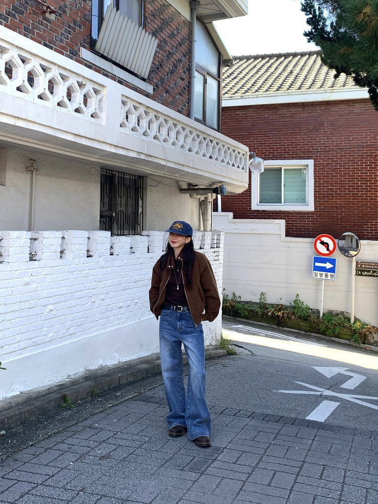 復古美刷色側前壓線細節牛仔褲