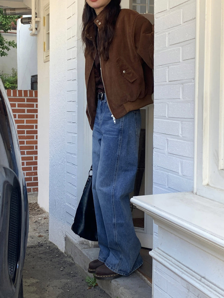 復古美刷色側前壓線細節牛仔褲