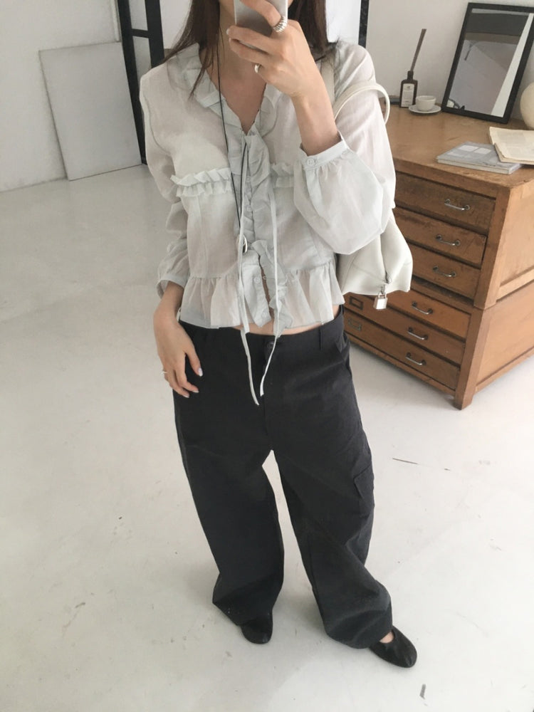 透膚荷葉邊垂帶上衣