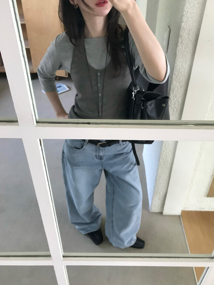 船領弧下擺七分袖上衣