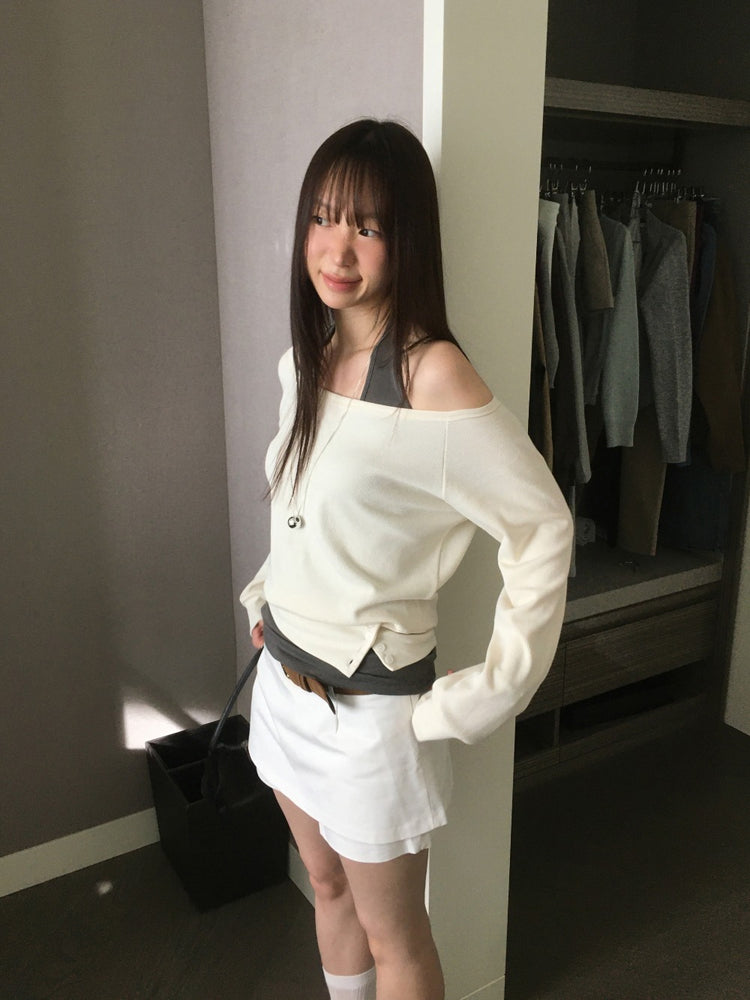 美肩撞色掛脖兩件式上衣