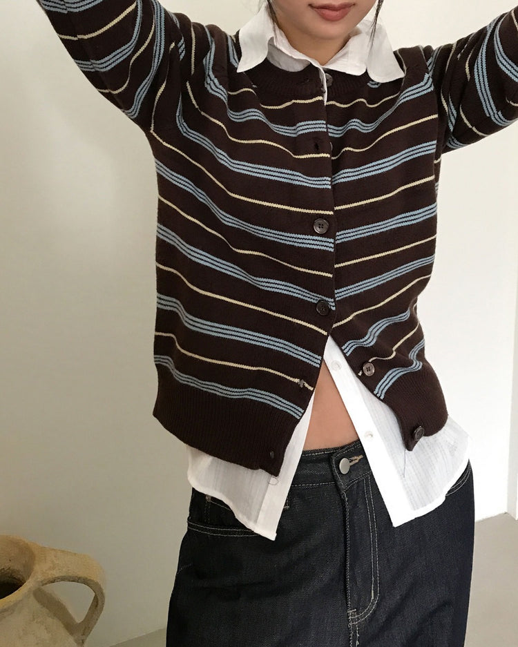 美色條紋排鈕針織外套