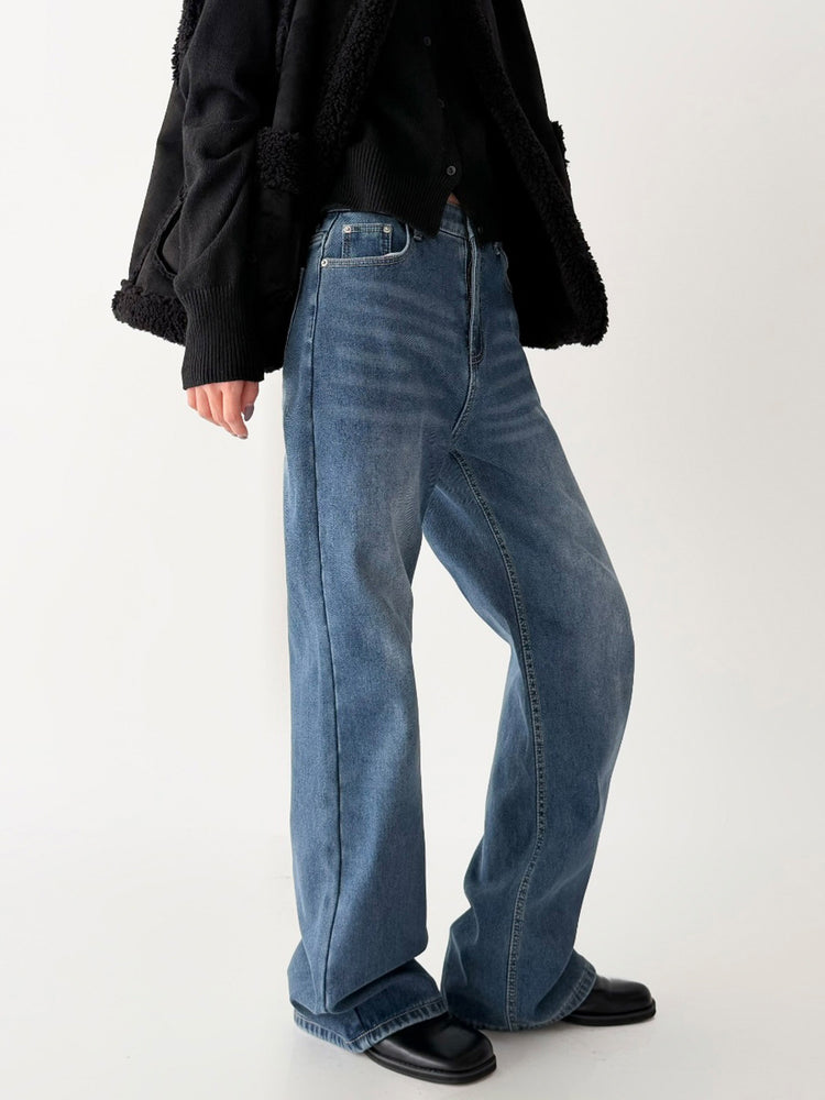 隱形橡筋腰頭直腿內刷毛牛仔褲