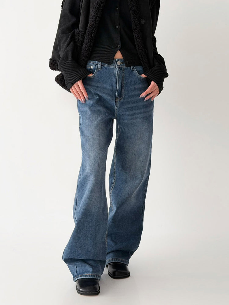 隱形橡筋腰頭直腿內刷毛牛仔褲